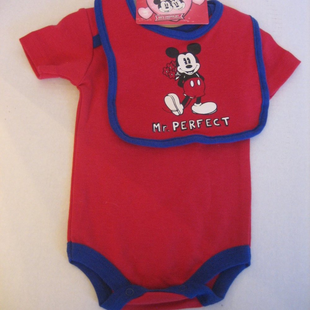 Disney Mickey Mouse Mr Perfect Red/Blue One Piece Bodysuit & Bib Sz 3-6M NWWT
